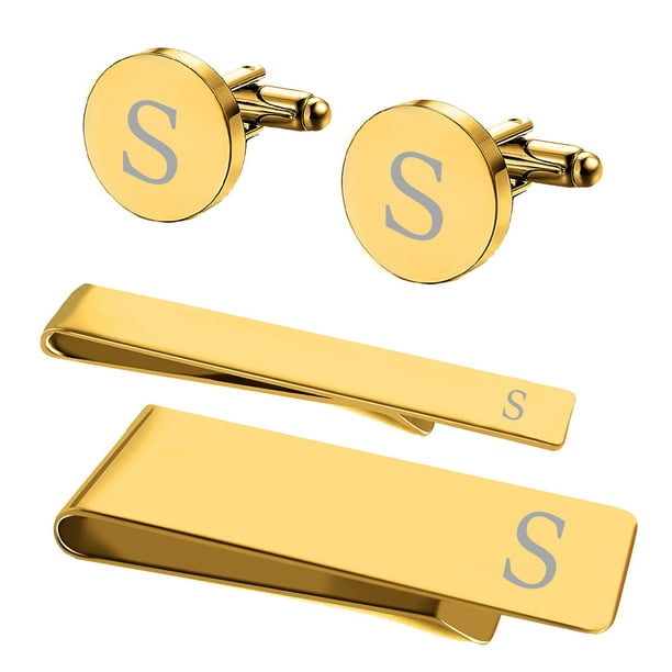 Gothic American Gold-tone Cufflinks Money Clip Engraved Gift Set 
